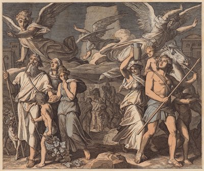 Förvirringen av tungor, Första Moseboken, XI, 7 (gravyr i färg) av Julius (after) Schnorr von Carolsfeld