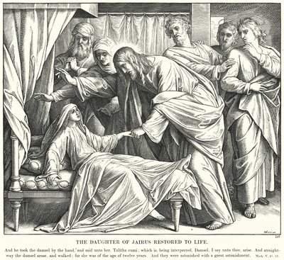 Jairus dotter återupprättad till liv (gravyr) av Julius (after) Schnorr von Carolsfeld