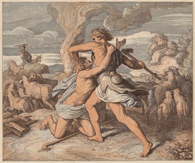 Abels död, Första Moseboken, IV, 8 (kolorerad gravyr) av Julius (after) Schnorr von Carolsfeld
