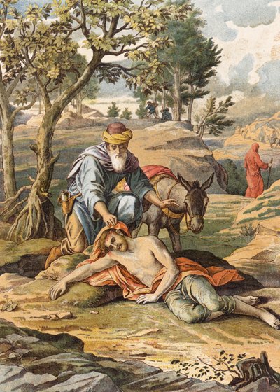 Den barmhärtige samariten (färglitografi) av Julius (after) Schnorr von Carolsfeld