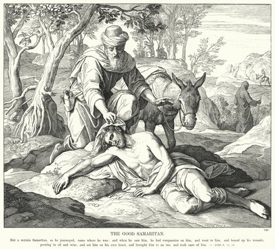 Den barmhärtige samariten (gravyr) av Julius (after) Schnorr von Carolsfeld
