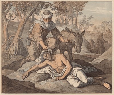 Den barmhärtige samariten, St Lukas, X, 33, 34 (kolorerad gravyr) av Julius (after) Schnorr von Carolsfeld