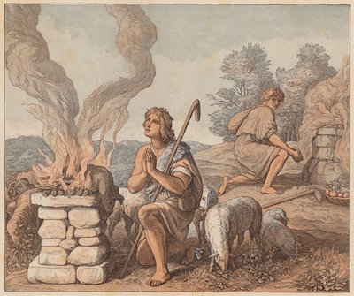 Kains och Abels offergåvor, Första Mosebok, IV, 3, 4 (gravyr i färg) av Julius (after) Schnorr von Carolsfeld