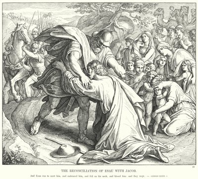 Esaus försoning med Jakob (gravyr) av Julius (after) Schnorr von Carolsfeld