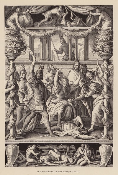 Slakten i bankettsalen (gravyr) av Julius (after) Schnorr von Carolsfeld