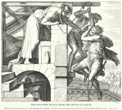De två spionerna flyr från huset Rahab (gravyr) av Julius (after) Schnorr von Carolsfeld