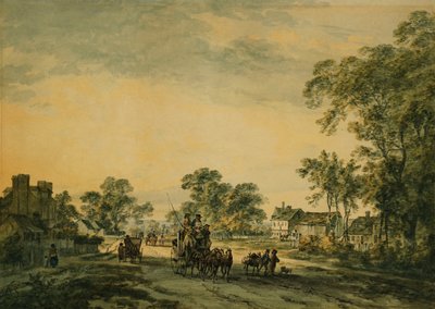 En tränare och figurer på en öppen landsväg, av Julius Caesar Ibbetson
