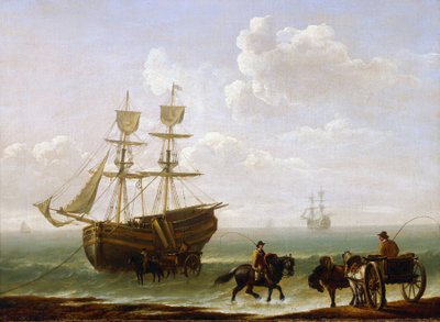 En tegelsten som fångats upp på stranden, lossas till vagnar. Olja på duk, ca 1790, av Julius Caesar Ibbetson (1759-1817). av Julius Caesar Ibbetson
