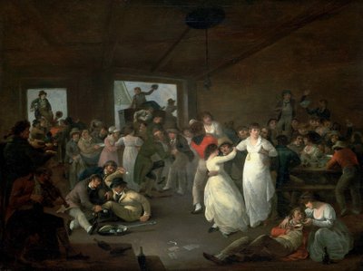 Bombardemang av sjömän, scen på en krog i Portsmouth (England). Olja på trä av Julius Caesar Ibbetson
