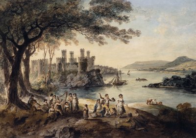 Conway Castle, med John Smith "The Blind Harper" i förgrunden, 1796 av Julius Caesar Ibbetson