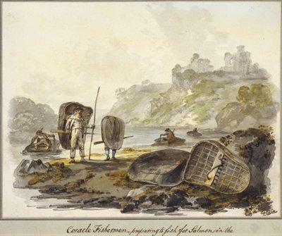 Coracle Fishermen - förbereder sig för att fiska lax (akvarell på papper) av Julius Caesar Ibbetson