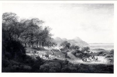Distant View of Anglesea (olja på duk) (svartvitt tryck) av Julius Caesar Ibbetson