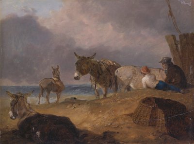 Åsnor och figurer på en strand av Julius Caesar Ibbetson