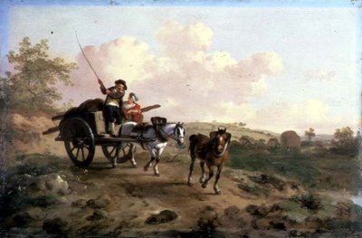 Going to Market (olja på panel) (för par se 106158) av Julius Caesar Ibbetson