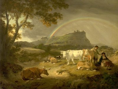 Landskap, Beeston Castle, Cheshire och Rainbow, 1793 av Julius Caesar Ibbetson