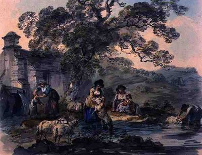 Bönder tvättar får i Cwm Rheidol, Cardiganshire (akvarell på papper) av Julius Caesar Ibbetson