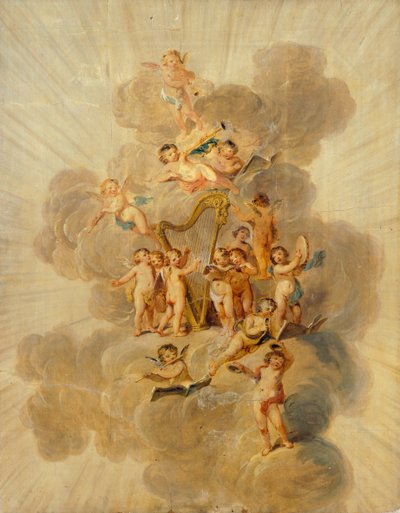 Bevingade keruber med musikinstrument, sektion av Music Rooms dekorativa kant, Kenwood House, London (tapet) av Julius Caesar Ibbetson
