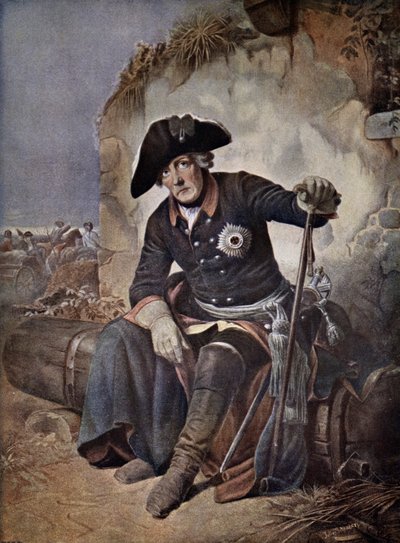 Fredrik den store, kung av Preussen (färg litho) av Julius Friedrich Anton (after) Schrader