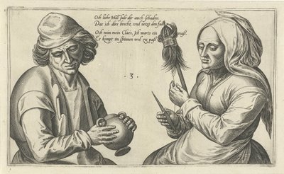 Spinnande kvinna med sin man Ordlekar om förhållandet mellan man och kvinna (serietitel) av Julius Goltzius