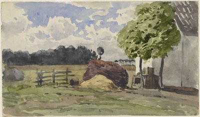 Vedhög för en gård på ängen av Julius Jacobus van de Sande Bakhuyzen