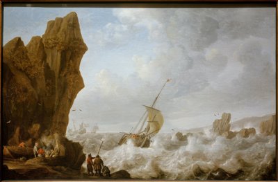 Fiskebåt i stormiga hav utanför en stenig kust av Julius Porcellis