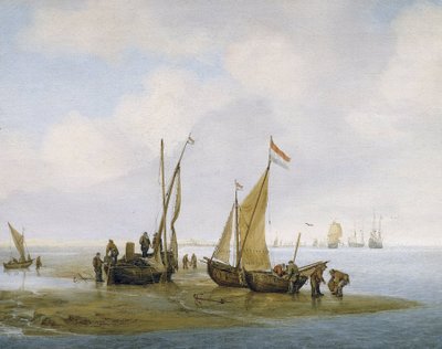 Musselfiske, tre holländska fiskebåtar på stranden, varav en har seglet hissat, och grupper av fiskare sysselsatta med att underhålla och lossa båtar, längre ner på stranden bär två andra korgar fulla med musslor av Julius Porcellis