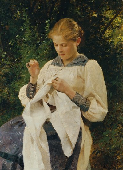 Flicka med handarbete (Marianne von Scheibenhof-Goriany) av Julius Schmid
