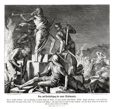 Byggande och försvar av den nya stadsmuren, Nehemiah av Julius Schnorr von Carolsfeld