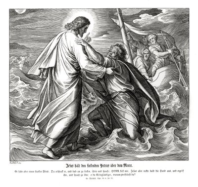 Jesus och Petrus går på vattnet, Matteusevangeliet av Julius Schnorr von Carolsfeld