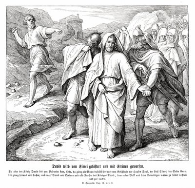 Shimei förbannar och kastar sten på David, 2 Samuel av Julius Schnorr von Carolsfeld