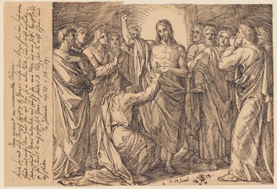 Jesus visar sig för de församlade lärjungarna. Frid vare med er. Därefter säger han till Tomas: ...? av Julius Schnorr von Carolsfeld