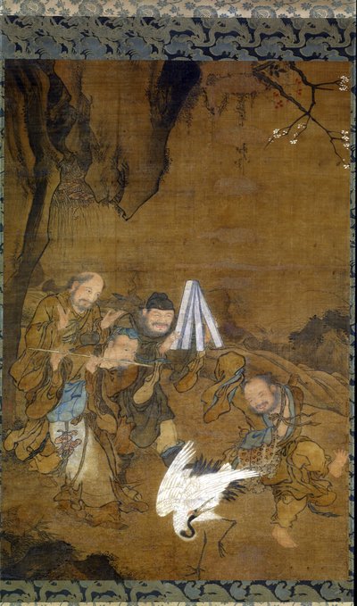 Immortals Dancing with a Crane (bläck & färg på siden) av Jun Liu