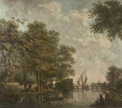 Tre väggbonader med holländskt landskap Tapetmålning av ett holländskt landskap med en öppen bro Tre tapetmålningar av ett holländskt landskap av Jurriaan Andriessen (attributed to)