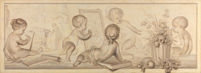 Sex Putti med blommor och frukt och attribut för teckningskonsten av Jurriaan Andriessen (signed by artist)
