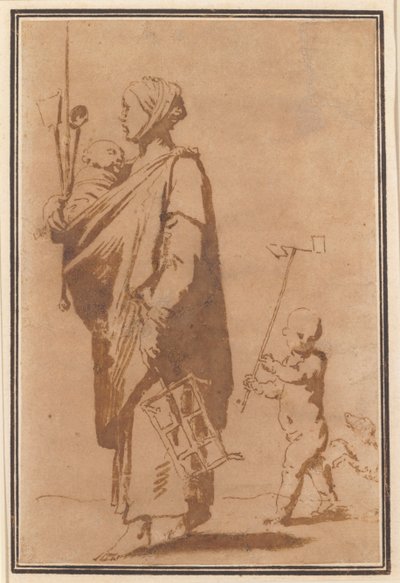 En mamma bär på ett barn och köksredskap, följt av en pojke och en hund av Jusepe de Ribera