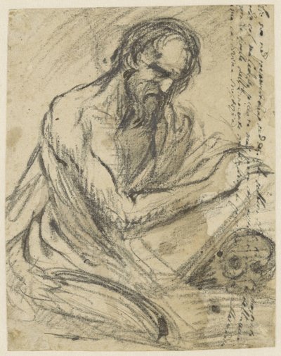 H. Hieronymus, skriver i en bok han håller över en skalle av Jusepe de Ribera