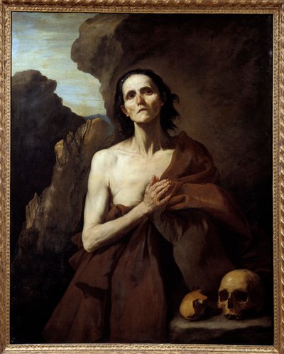 Porträtt av Saint Mary the Egyptian, Penitente in the Desert Painting (Vanita) av Jose de Ribera dit il Spagnoletto ""spanjoren""" (1591-1652) av Jusepe de Ribera