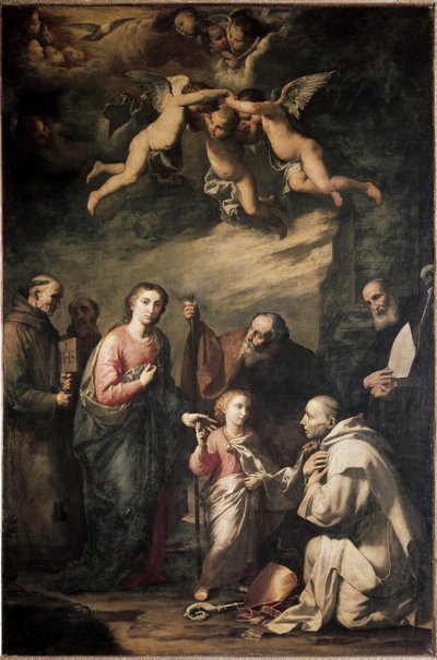 Den heliga familjen med Saint Bruno av Köln och andra helgon - Den heliga familjen med Saint Bruno av Köln och andra helgon. Målning av Jose (Jusepe) av Ribera, dit lo Spagnoletto (1591-1652) av Jusepe de Ribera