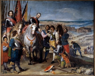 Trettioåriga kriget (1618-1648). Den holländska guvernören överlämnade nycklarna till markisen av Balbases, Ambrosio de Spinola (1569-1630), som grep Juliers 1622. Målning av Jusepe Leonardo (1601-1656) av Jusepe or Jose (c.1605 1656) Leonardo
