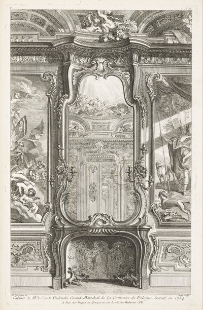 Skåp för herr greve Bielenski stormarskalk av Polens krona avrättad 1734; Chiminée med glas, med en del av stödpanelen och målningar på varje sida, första plattan av Juste Aurèle Meissonnier