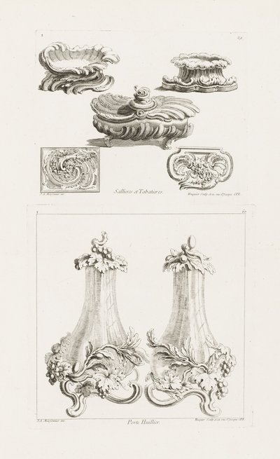 Sallieres et Tabatières (Saltskålar och snusdosor), tallrik 69 i Oeuvres av Juste Aurèle Meissonnier