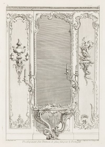 Utveckling av en glasstrumeau gjord för Portugal; Trumeau-projekt med variant för Portugal, 3rd Plate av Juste Aurèle Meissonnier