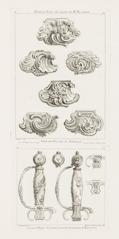 Gyllene svärdvakter för kungens äktenskapsfängelser 1725 Svärdshantering för att hedra kungens äktenskap 1725, pl. 52 i arbete av Juste-Aurele Meissonnier av Juste Aurèle Meissonnier