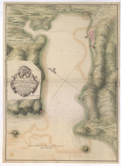 En plan över STADEN. PORTO BELLOS HAMN och FORTIFIKATIONER. som det ser ut sedan det togs av Adm: VERNON / Av Justly Watson; Ingenjör: 1742. av Justly Watson