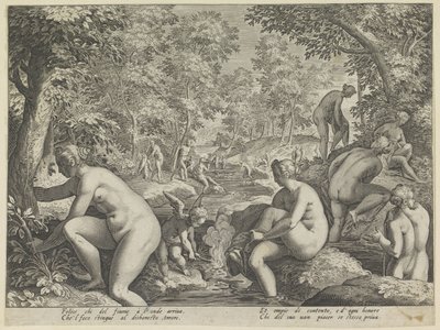 Badande kvinnor och män Älskar Letheo Olika aspekter av kärlek (serietitel) av Justus Sadeler (attributed to)