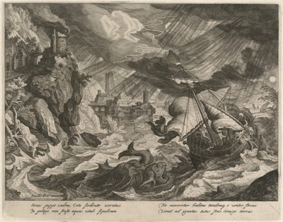 Jonah kastas i det stormiga havet av Justus Sadeler after Paul Bril