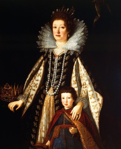 Porträtt av ärkehertiginnan Maria Maddalena av Österrike med sin son Ferdinand II av Justus Sustermans