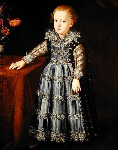 Porträtt av ett barn som står vid ett bord (olja på panel) av Justus Sustermans