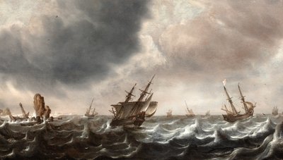 Frakt i Choppy Seas med en val i förgrunden av Justus de Verwer