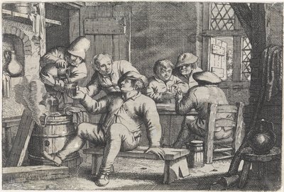 Interiör med bönder som spelar kort av Justus van den Nijpoort